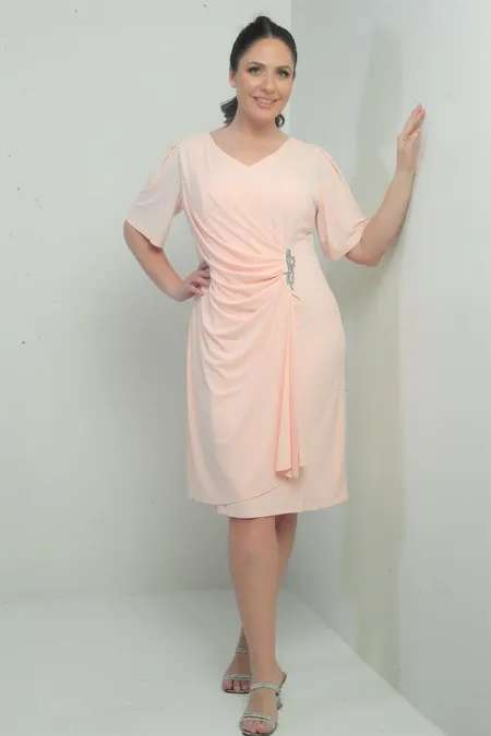 Robe femme à col en V froncée sur le devant avec détails en pierres, doublée, grandes tailles, Lycra