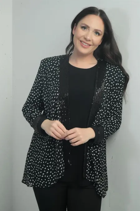 Ensemble 2 pièces pour femme : chemisier à manches longues avec sequins à pois sur le devant et aux poignets, veste en mousseline, grandes tailles.