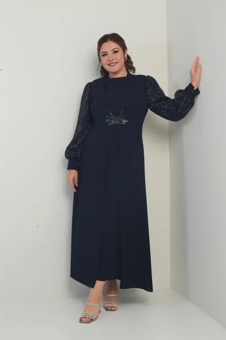 Kadın Kolu Ve Önü Pullu Büyük Beden Uzun Tesettür Elbise