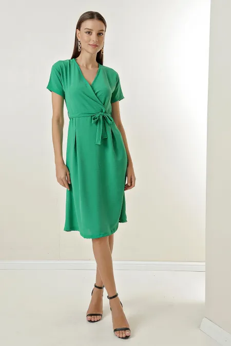 Double-Breasted Pleated Waist Belted Aerobin Dress