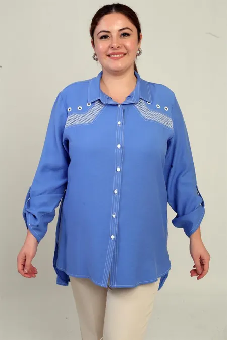 Chemise longue grande taille à manches repliées en maille ajourée pour femme