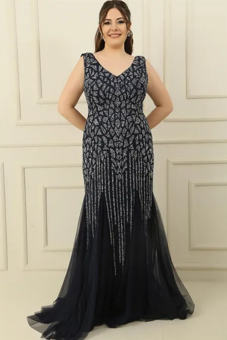 Front and Back V-Neck Stone Embellished Back Tie Lined Plus Size Long Dress