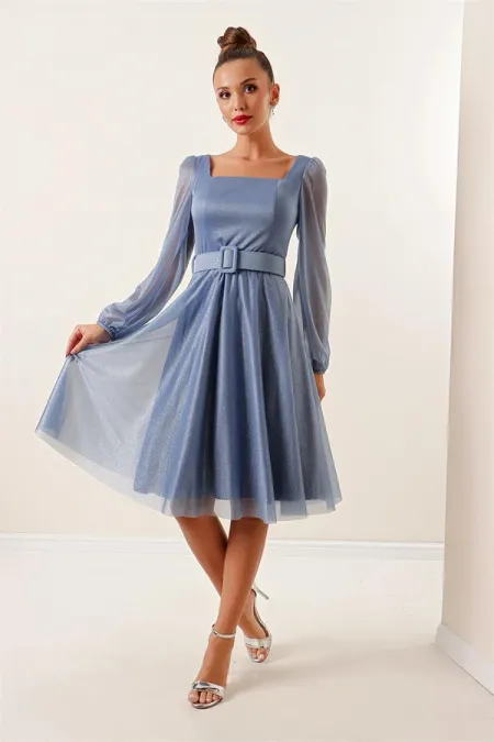 Square Neck, Belted, Balloon Sleeve, Lined, Glittery Dress