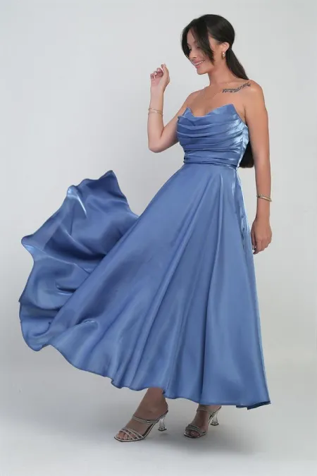 Women's V-Neck Strapless Lined Organza Satin Midi Dress