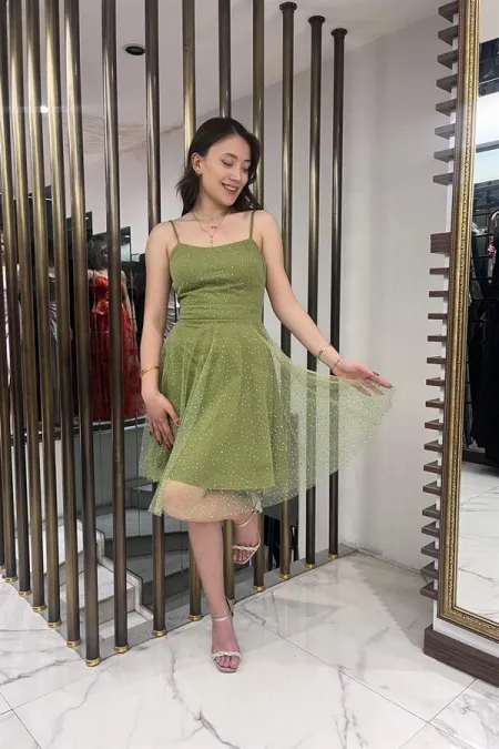 Women's Strappy Back Laced Lined Stoned Short Tulle Dress