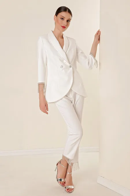 Ensemble 2 pièces : veste doublée et pantalon à poches avec détail chaîne en pierre sur le col et les manches