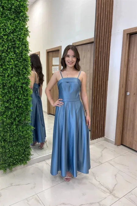 Women's Thin Strap Lined Pocketed Midi Satin Dress