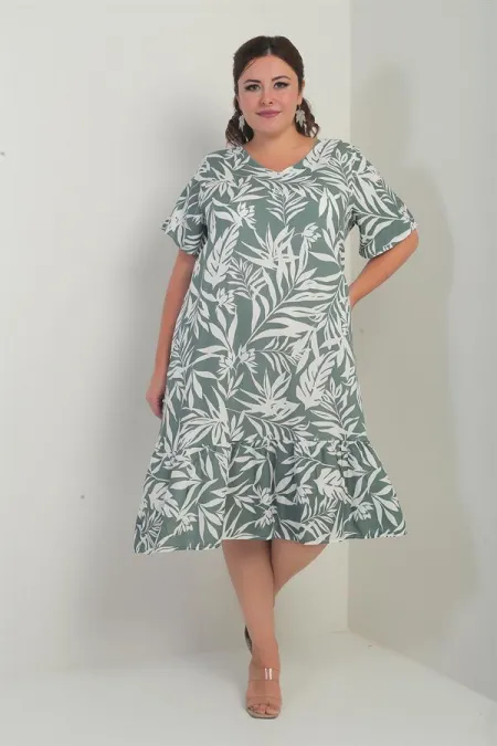 Robe grande taille pour femme, col en V, motif feuilles variées, poches et jupe à volants