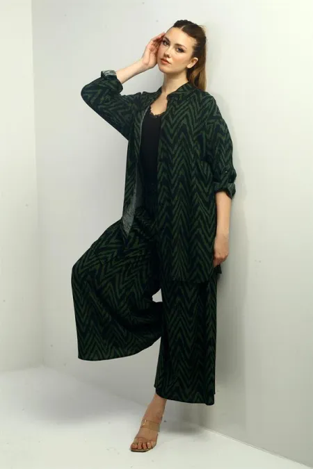 Women's Side Slit Tunic Shirt, Elastic Waist Palazzo Pants, Zigzag Pattern Oversize 2-Piece Set