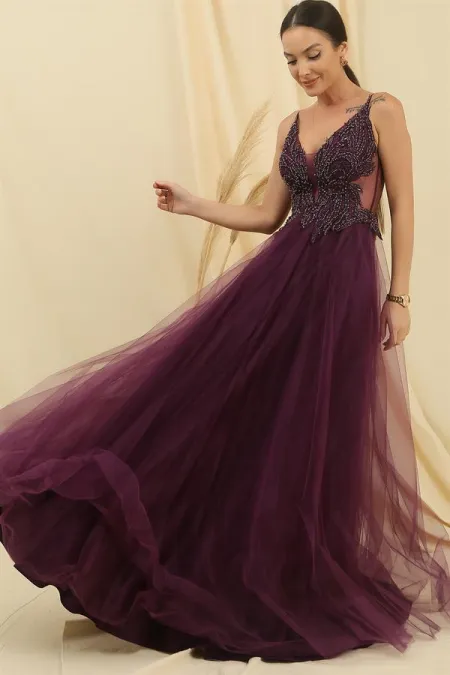 Strappy Long Tulle Dress with Guipure Bead Details and Lining