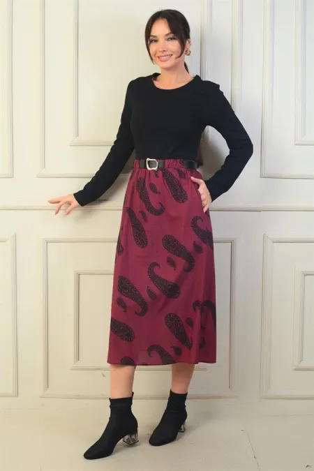 Women's Belted Waist Skirt with Shawl Pattern and Lining