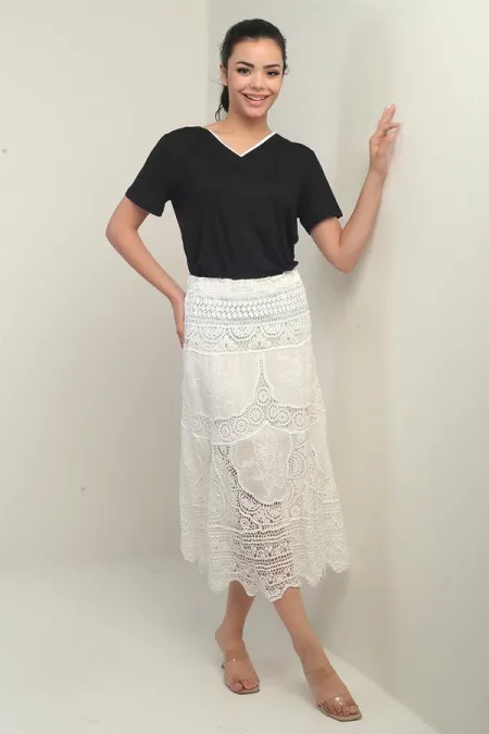 Women's Elastic Waist Lined Lace Trim Midi Skirt