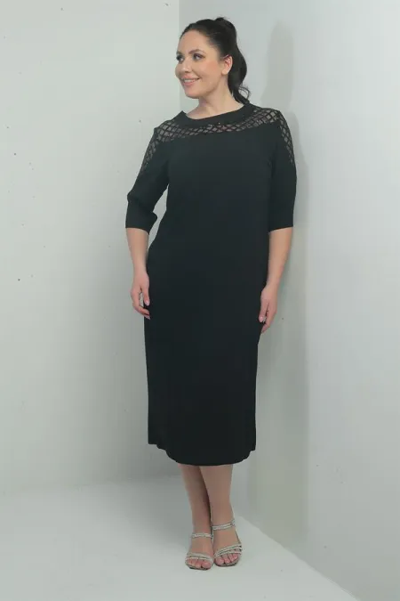 Robe midi en crêpe grande taille pour femme, ornée de sequins au col et aux épaules, manches courtes et doublure.