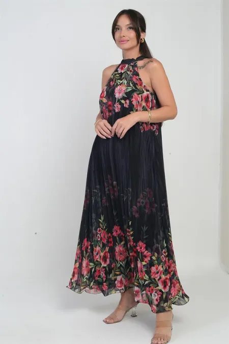 Kadın Çiçek Desenli Astarlı Plisoley Şifon Uzun Elbise