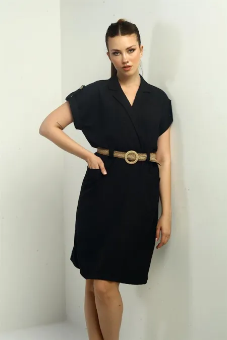 Women's Dress with Patch Pockets and Belt Waist