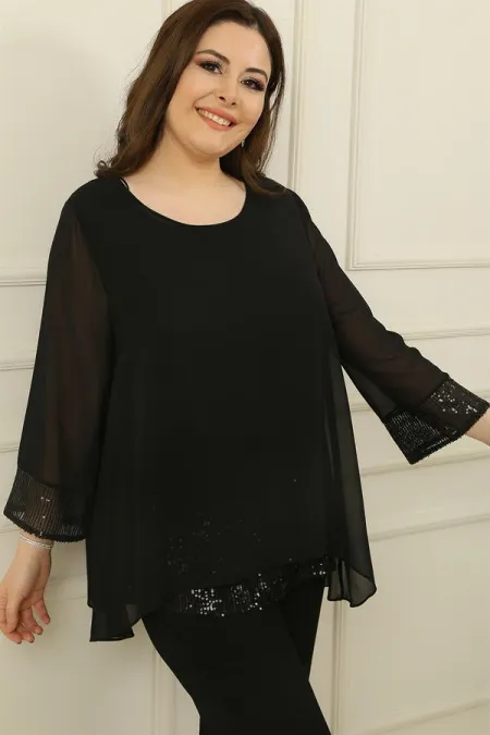 Women's Plus Size Chiffon Blouse with Sequined Cuff and Lining