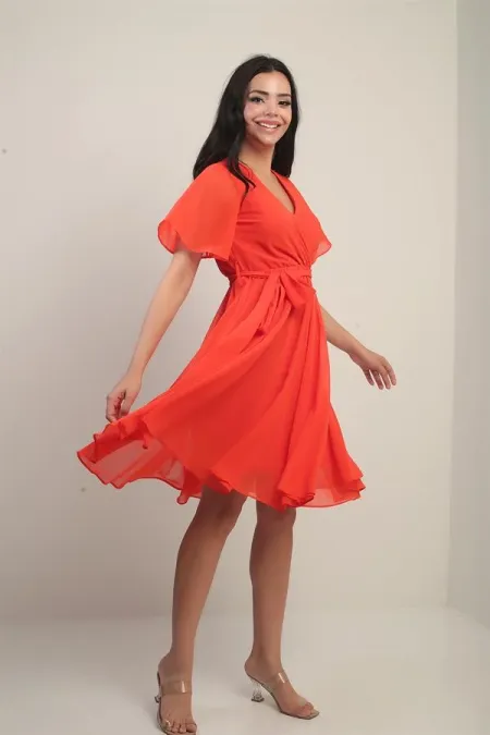 Women's Wrap Neckline Ruffled Sleeve Lined Chiffon Dress