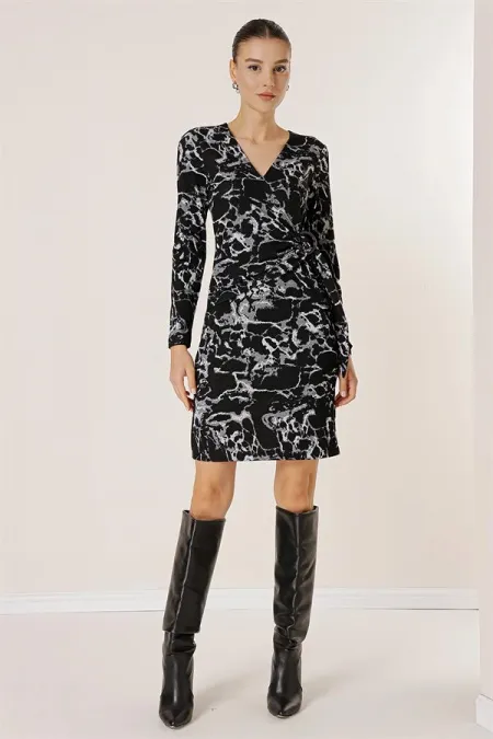 Wrap Neck Buckle Detail Patterned Lycra Dress