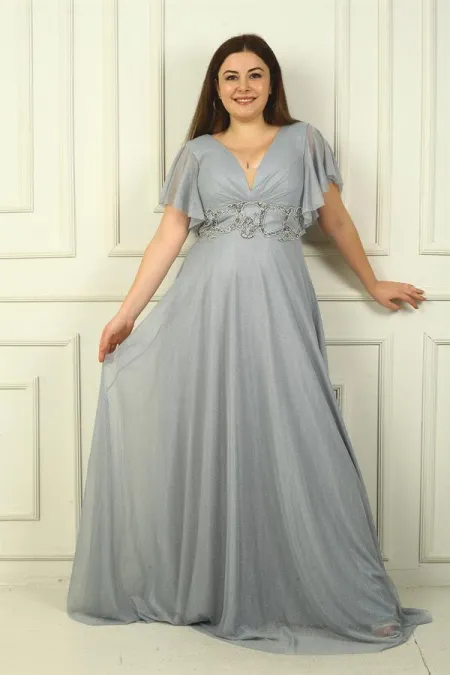 Robe de soirée grande taille pour femme, décolleté en V devant et dos, taille ornée, doublée et pailletée