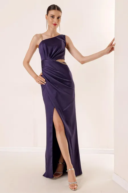 Tek Omuz Bel Dekolteli Zincirli Saten Abiye Elbise