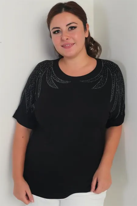 Chemisier grande taille à manches chauve-souris courtes pour femme, orné de strass aux épaules et en lycra.