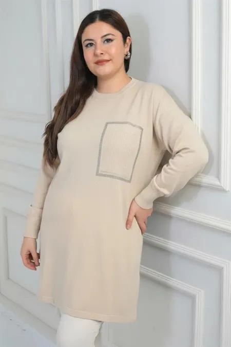 Blouse tunique en maille grande taille pour femme, à une poche avant, imprimé pierre et détails raffinés.