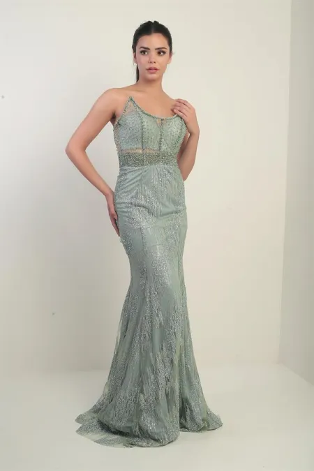 Women's Beaded and Stone Detailed Lined Underwired Long Dress with Transparent Top