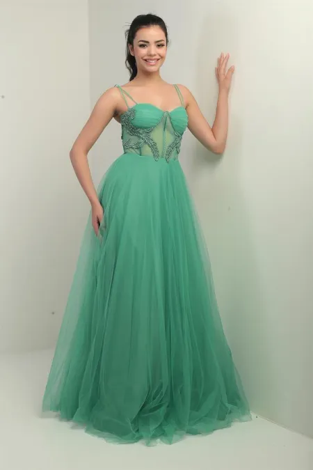 Robe longue princesse doublée à bretelles pour femme, avec buste plissé et ornements de perles