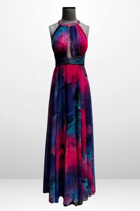 Robe longue en mousseline pour femme, drapée sur le devant, doublée, ornée de perles et de broderies florales.