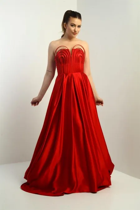 Women's Strapless Lined, Front Underwired, Piped, Pocketed, Flared Long Satin Evening Dress