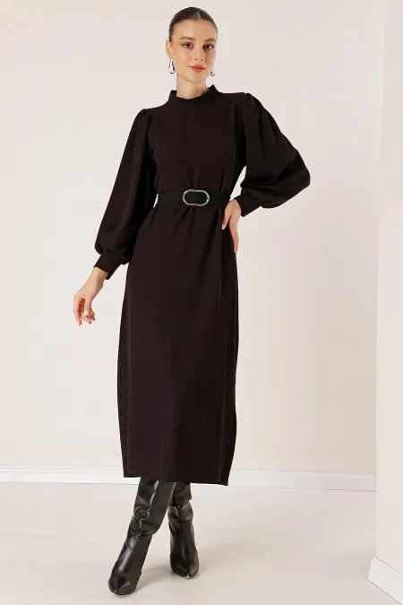 Beli Kemerli Omuz Büzgülü Elbise