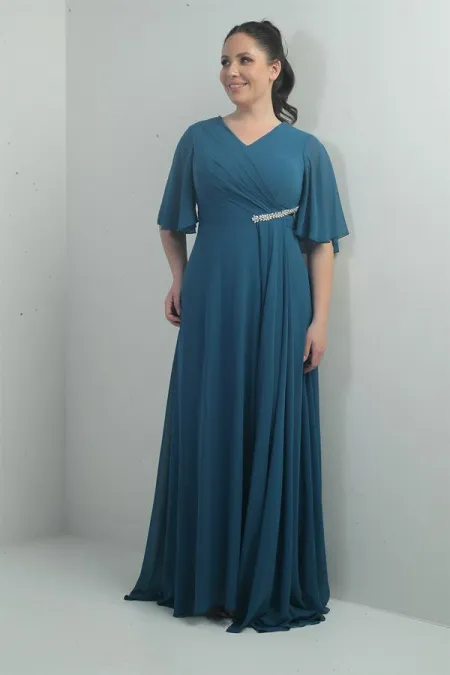 Robe longue en mousseline pour femme, grande taille, col en V, ceinture ornée de pierres, drapée et doublée