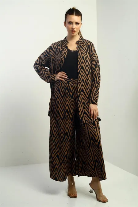 Women's Side Slit Tunic Shirt, Elastic Waist Palazzo Pants, Zigzag Pattern Oversize 2-Piece Set