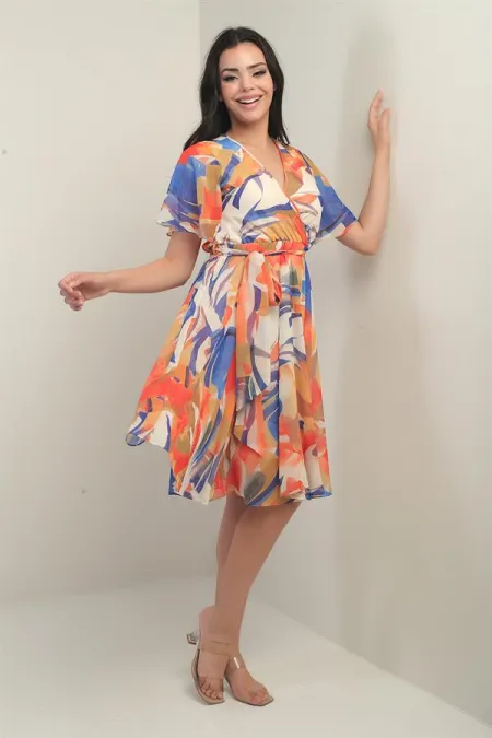 Women's Wrap Neckline Belted Lined Snowdrop Chiffon Dress