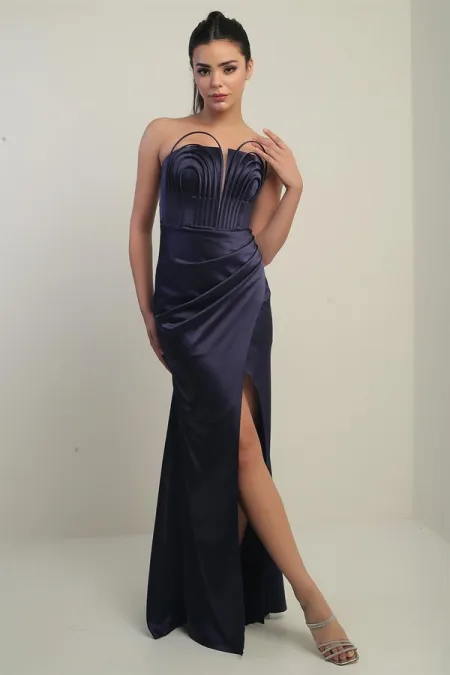 Women's Strapless Front Underwire Lined Satin Long Dress