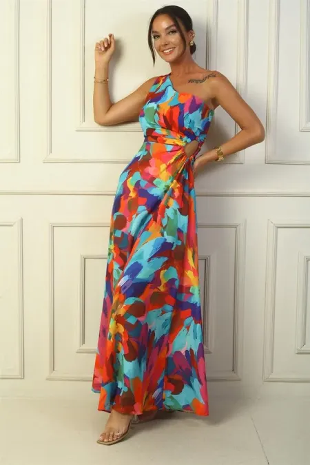 Women's One-Shoulder Side Cutout Multicolored Long Crepe Satin Dress