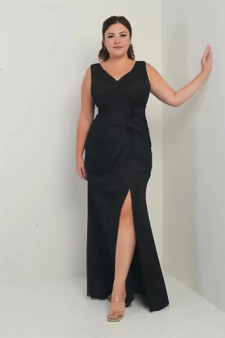 Robe longue en tulle grande taille pour femme, décolleté en V devant et dos, doublure sur le devant, imprimé floral 3D moucheté.