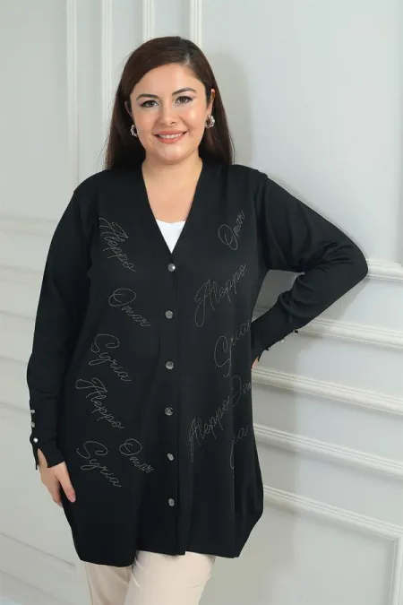 Kadın Kolları Düğme Detaylı Taş Baskı Yazılı Büyük Beden Uzun Hırka