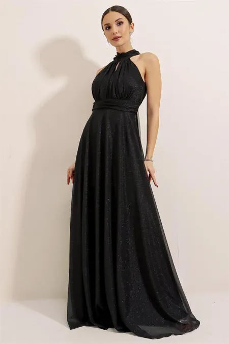 Boyundan Bağlamalı Astarlı Simli Uzun Elbise