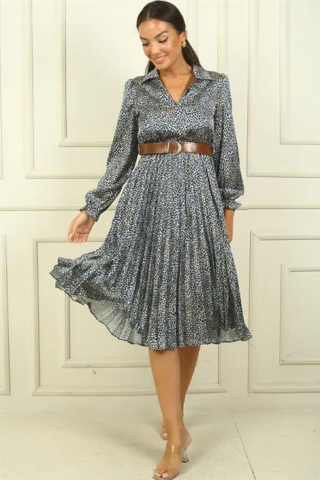 Kadın Beli Kemerli Astarlı Leopar Desenli Pileli Saten Elbise