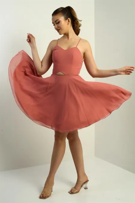 Women's Strappy, Back-Tie, Front-Opening, Lined Chiffon Short Flared Dress