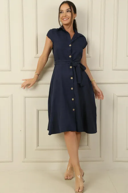 Button-front, belted, pocketed linen-effect dress.