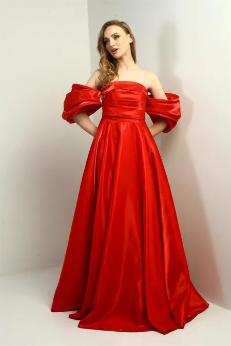 Women's Low Balloon Sleeves Lined Satin Flared Pocket Long Dress