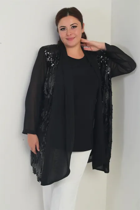 Ensemble 2 pièces pour femme, blouse en lycra à col rond et veste en mousseline à sequins, grandes tailles