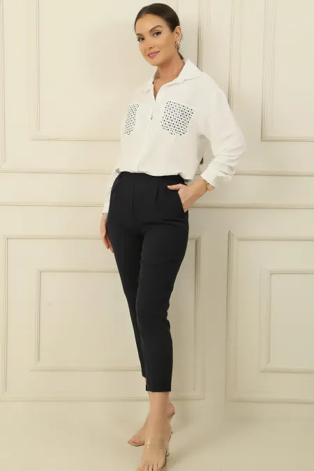 Beli Lastikli Önü Cepli Tek Pile Dar Paça Geniş Beden Aralıklı Pantolon