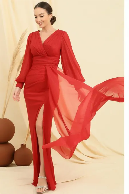 Wrap-neck, button-down sleeves, lined, pocket square, sequined long dress