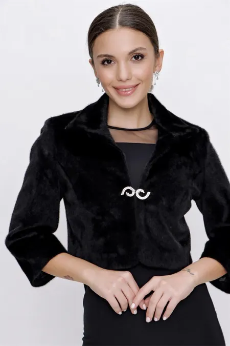 İçi Astarlı Önü Taş Detaylı Tay Tüyü Bolero Kürk Ceket