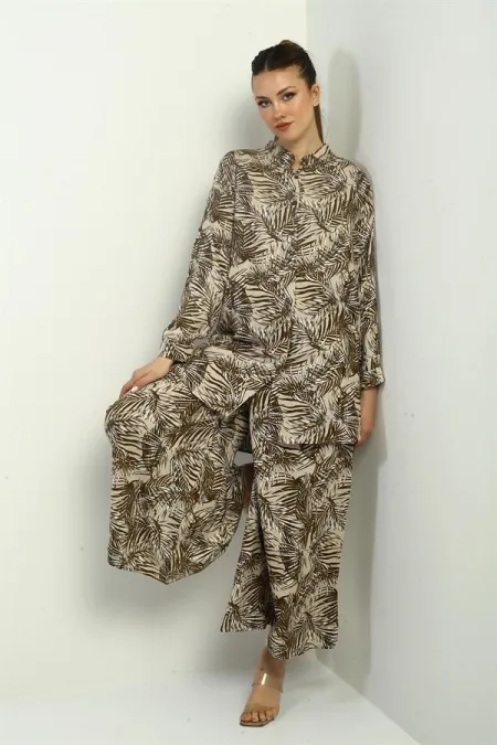 Women's Side Slit Tunic Shirt, Elastic Waist Pocketed Palazzo Pants, Leaf Pattern Oversize 2-Piece Set