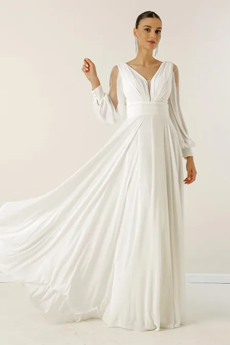 Robe longue en mousseline de soie, col en V, devant, dos, manches drapées, doublure en tulle, corps large