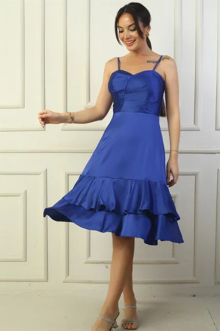 Jupe à bretelles pour femme, doublée et drapée, avec double volant en satin